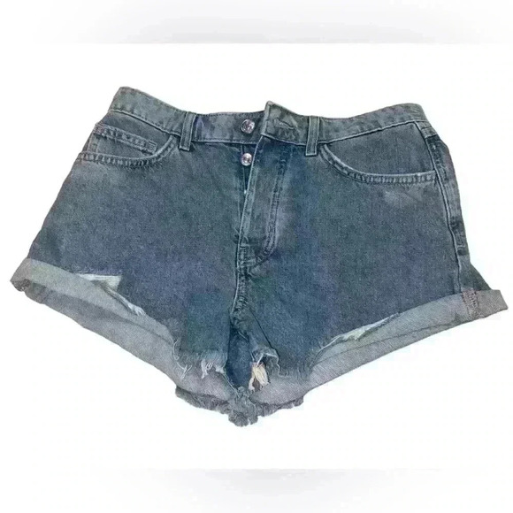 Forever 21 Button Up Denim Shorts Raw Hem Size 27 Medium Wash 5 Pocket Design - Picture 1 of 6